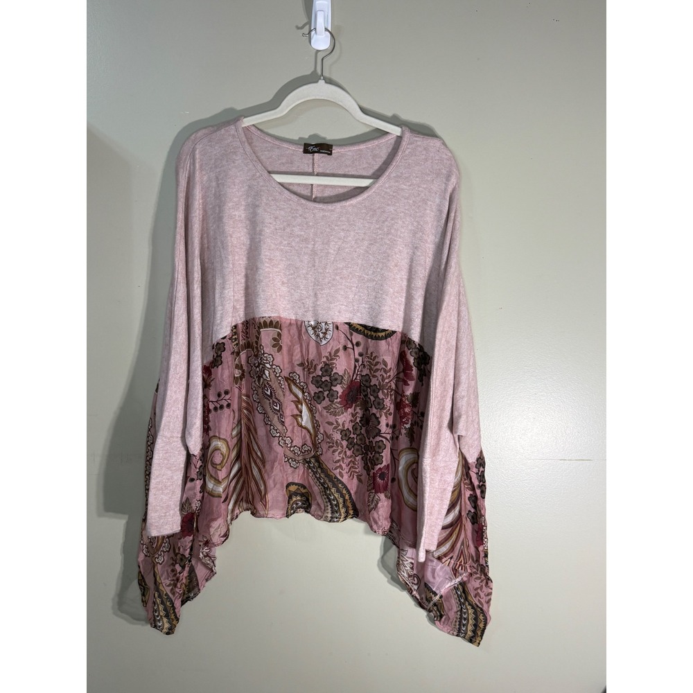 Amc Made in Italy Pink Knit Paisley Mixed Media Oversized Top Long Sleeve L